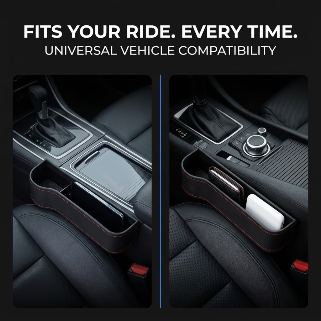 A car center console storage organizer shown installed between the front seats in a black vehicle interior. The organizer has a dark brown or black leather-like finish with red contrast stitching and holds a smartphone and a white card or case.