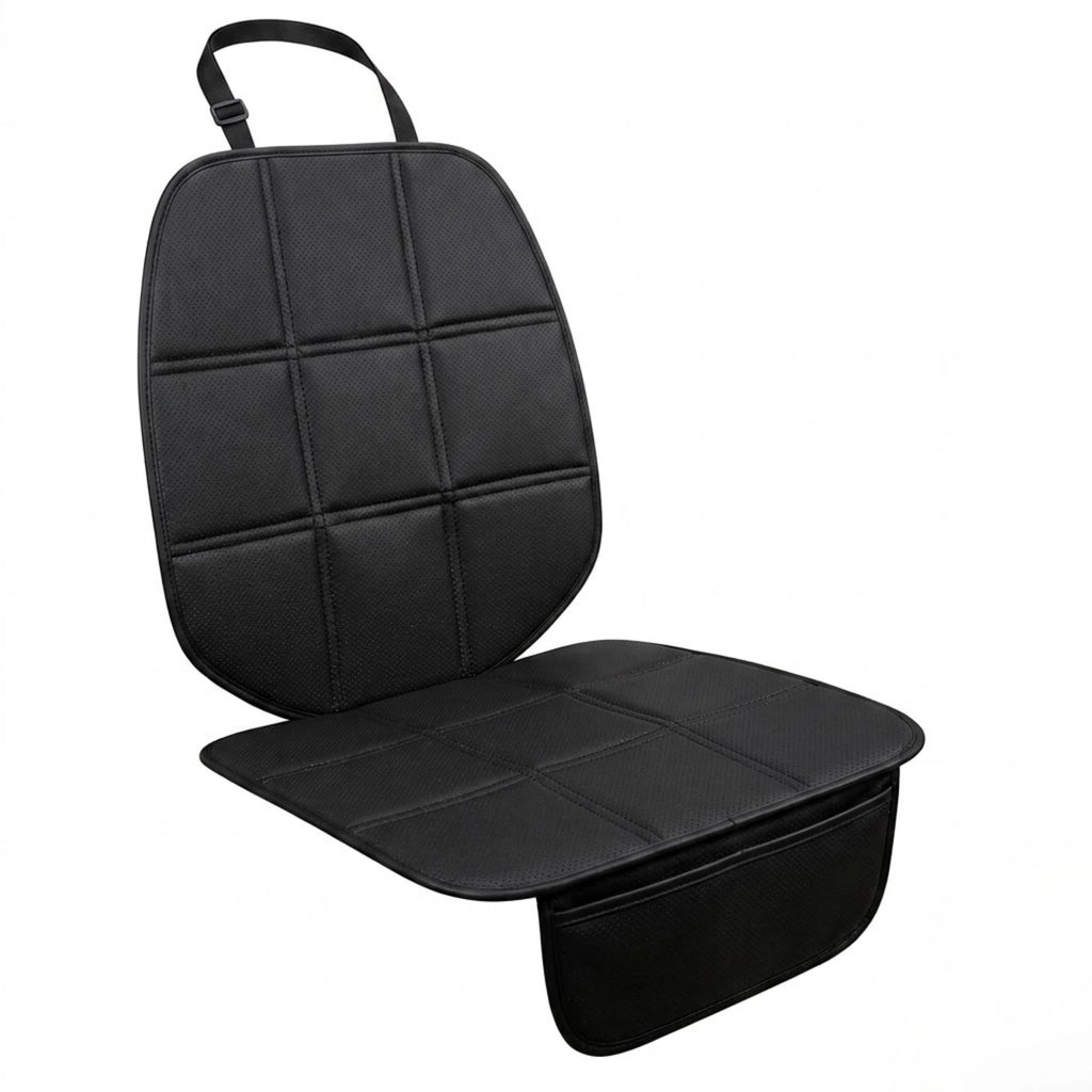 ISOFIX Child Seat Protector in black quilted fabric shown at an angle on a white background