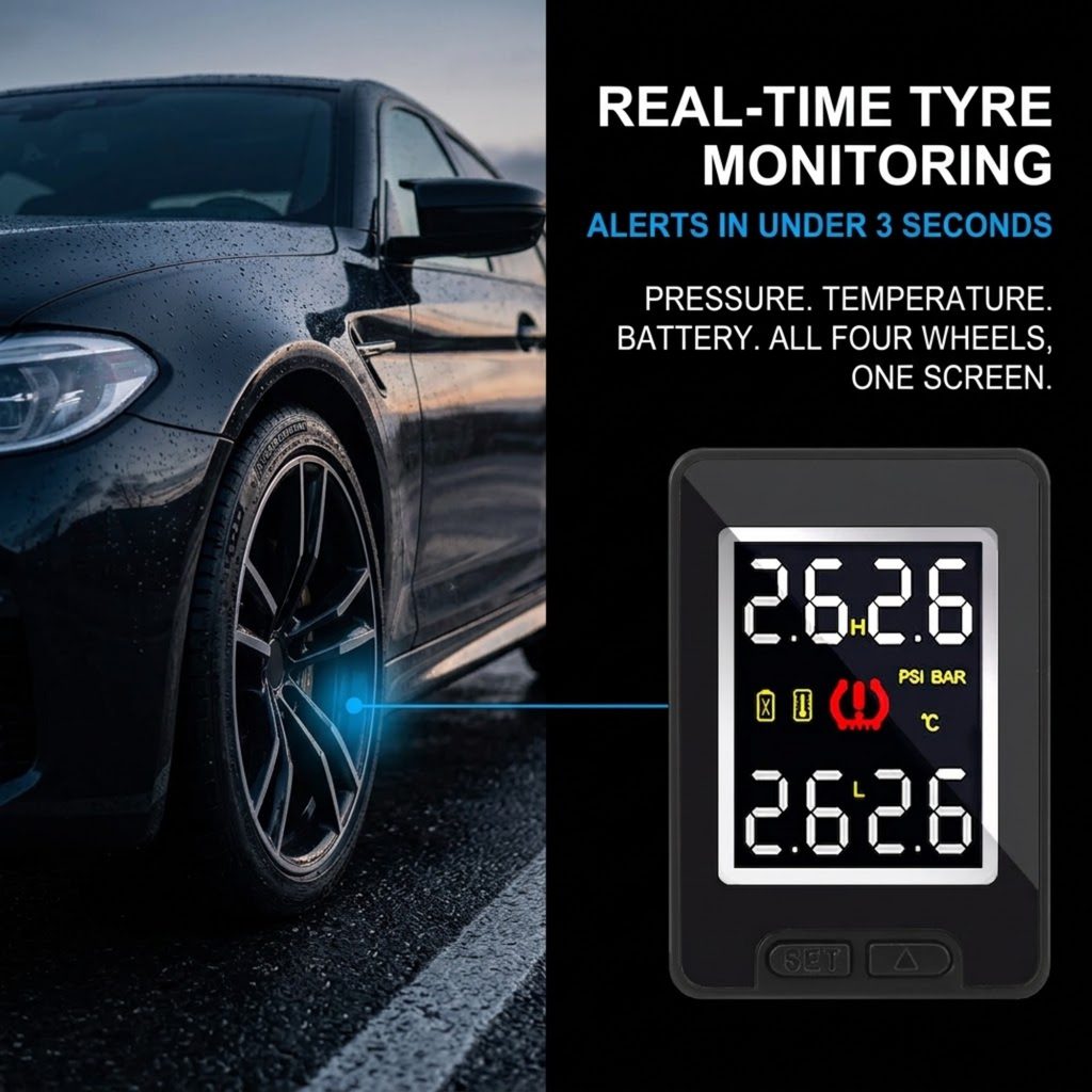 A black real-time tire monitoring device shown on a dark background beside a car wheel, with text reading 'REAL-TIME TYRE MONITORING' and feature callouts for pressure, temperature, battery, and all four wheels.