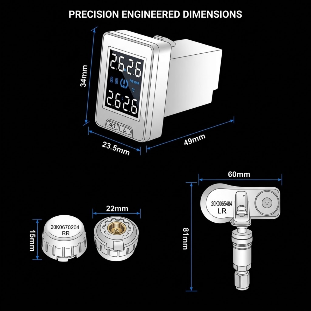 Technical dimension diagram on a black background showing a white digital temperature/pressure gauge with measurement labels (34mm, 23.5mm, 49mm) plus two small sensor components with dimensions 15mm and 22mm, plus a larger sensor view labeled 60mm and 8mm.