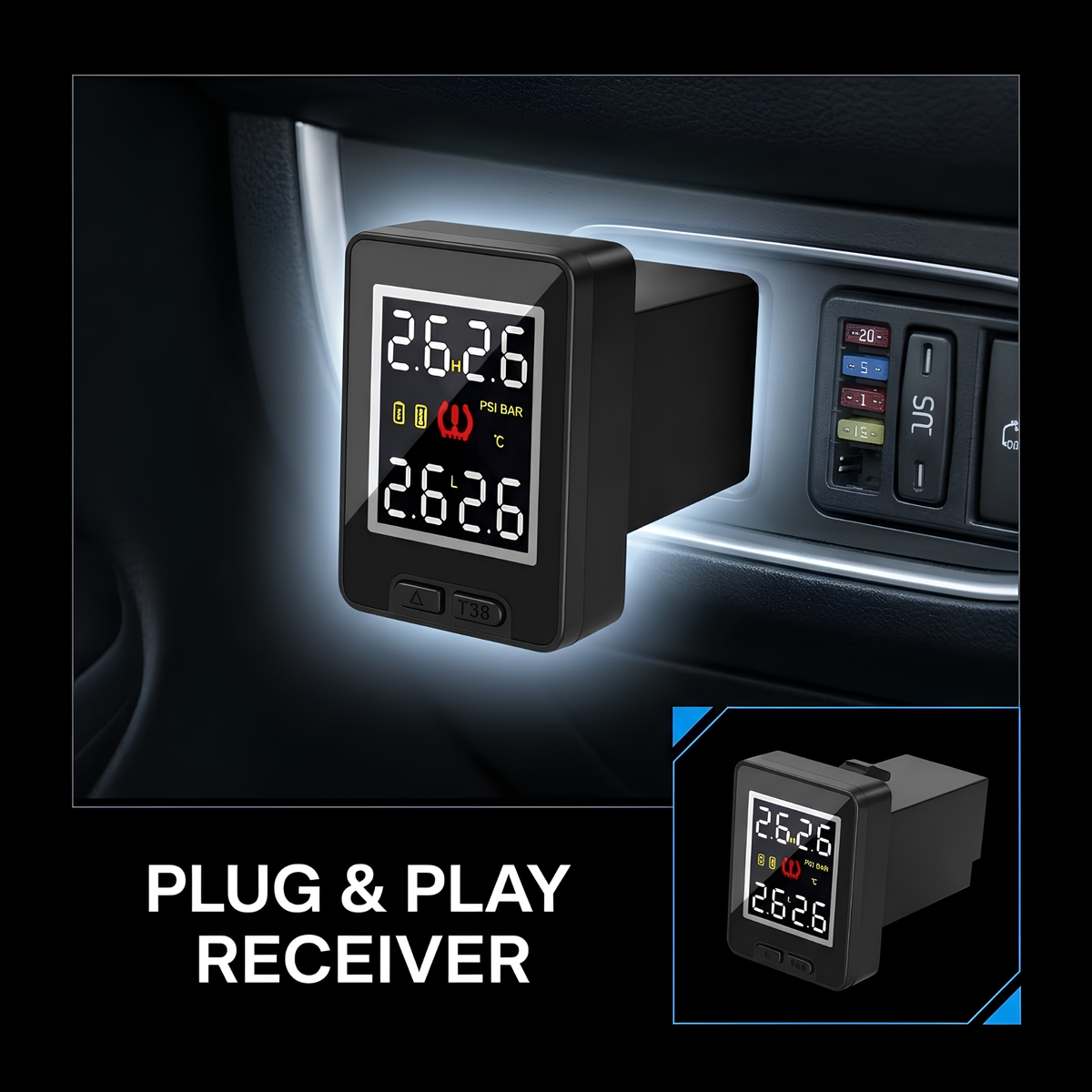 A black plug-and-play car dashboard display receiver shown installed in a car's cigarette lighter socket, with a smaller inset showing the device alone and the text 'PLUG & PLAY RECEIVER' on a black background.