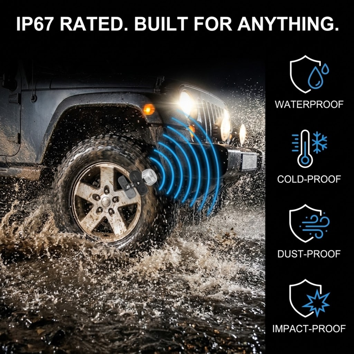 Off-road vehicle wheel splashing through water with text reading 'IP67 RATED. BUILT FOR ANYTHING.