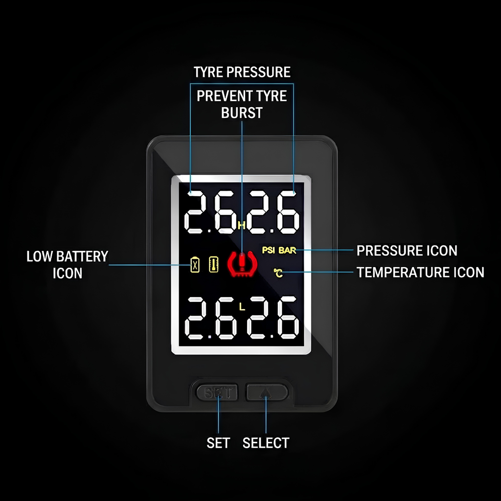 A tire pressure gauge with digital display and callout labels on a black background. The gauge has a black face with a white display area, red power button, and blue pointer lines labeling features such as tyre pressure, low battery icon, pressure icon, temperature icon, set, and select.