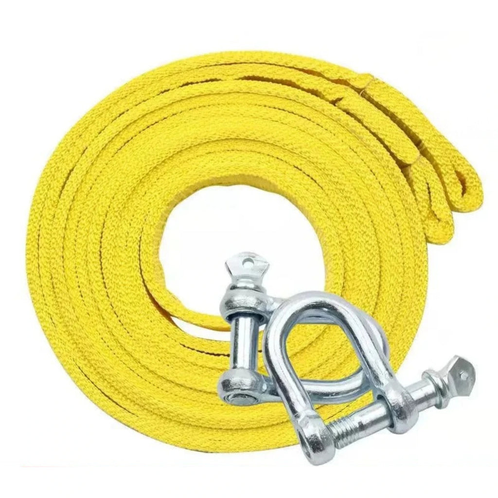 Coiled yellow heavy-duty recovery strap with two galvanised steel D-shackles