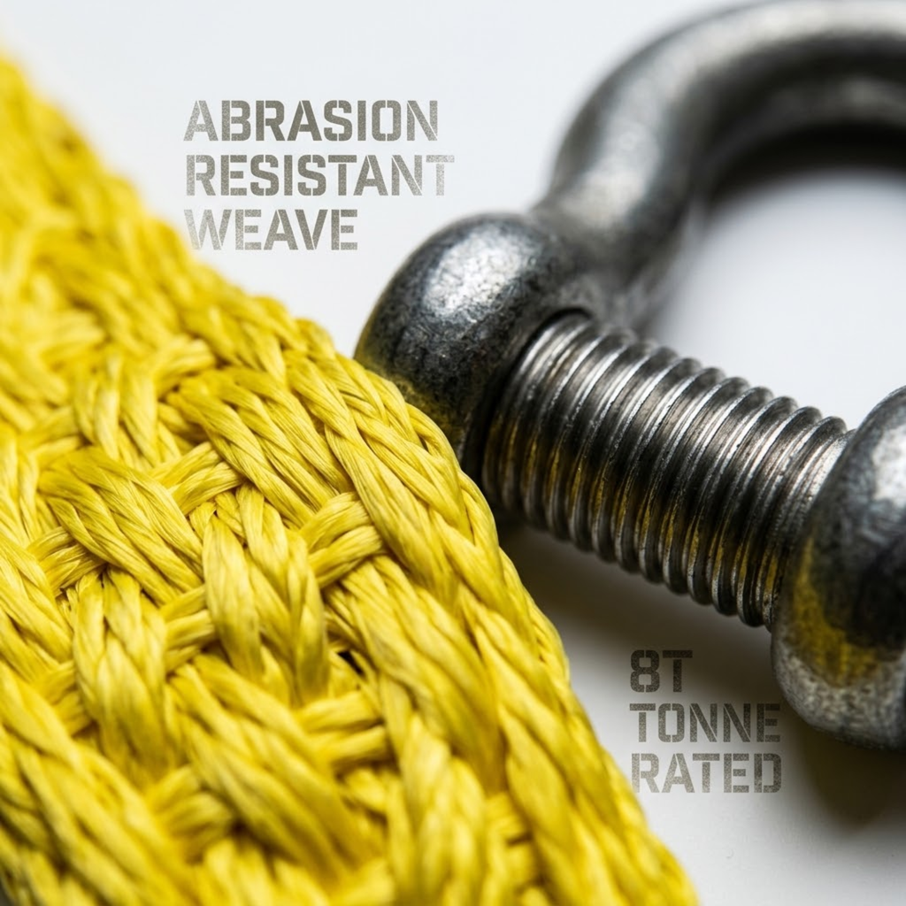 Macro close-up of the heavy-duty recovery strap's abrasion-resistant woven fabric and 8-tonne rated steel shackle