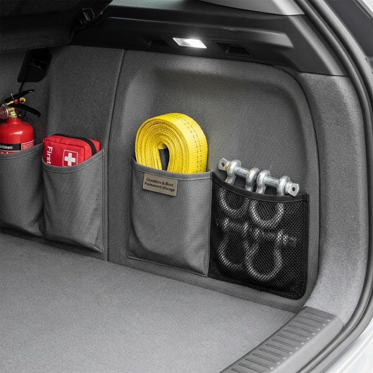 Heavy-duty recovery strap coiled in a car boot storage organiser next to shackles, a fire extinguisher and first aid kit