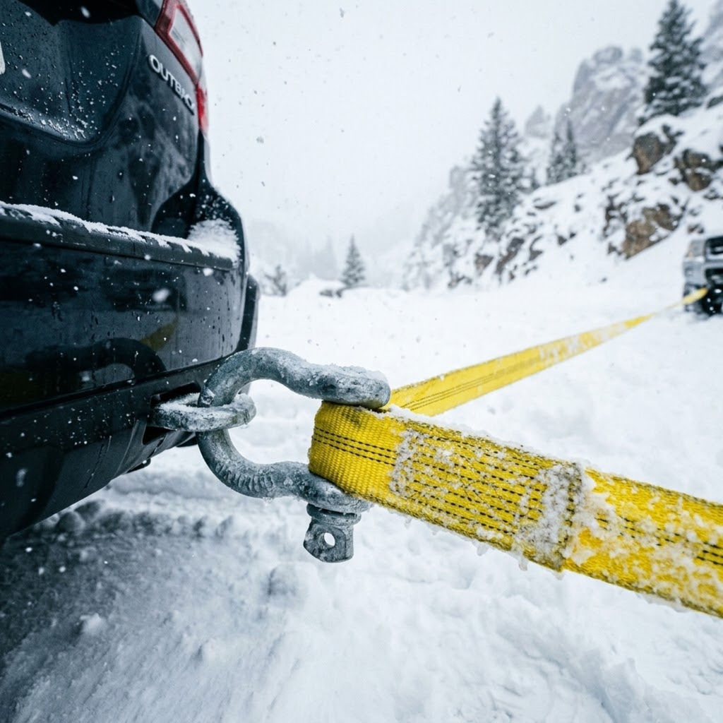 Heavy-duty recovery strap and shackle attached to a car's tow point while recovering the vehicle in heavy snow