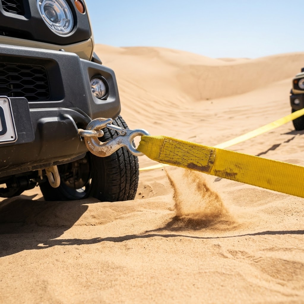 Heavy-duty recovery strap towing a 4WD bogged in desert sand, hooked to the front recovery point