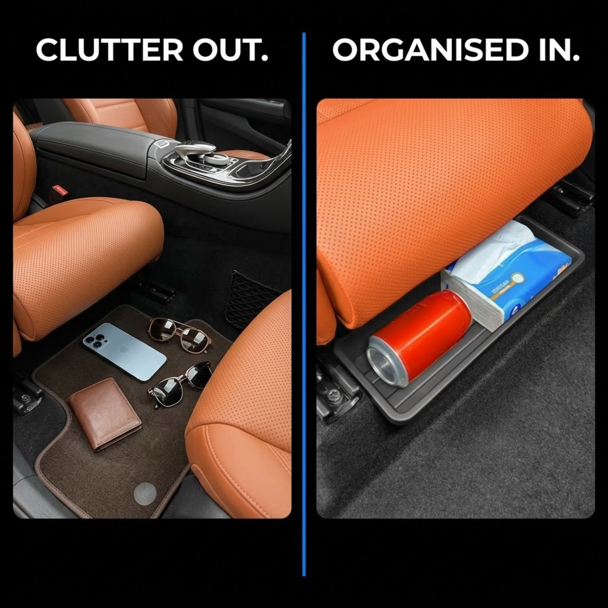 A split-screen comparison showing a car footwell organizer tray. The left panel, labeled 'CLUTTER OUT.
