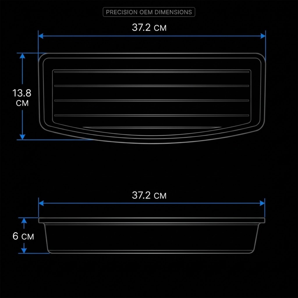 Precision OEM dimensions diagram of a black plastic tray or vent-like component, showing front and side views with measurements labeled in centimeters on a black background.
