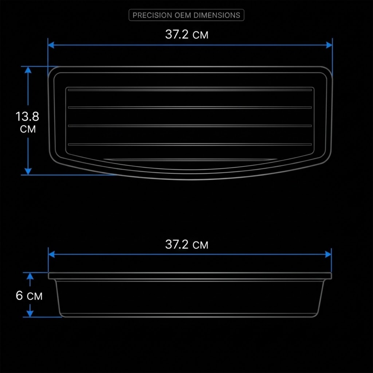 Precision OEM dimensions diagram of a black plastic tray or vent-like component, showing front and side views with measurements labeled in centimeters on a black background.