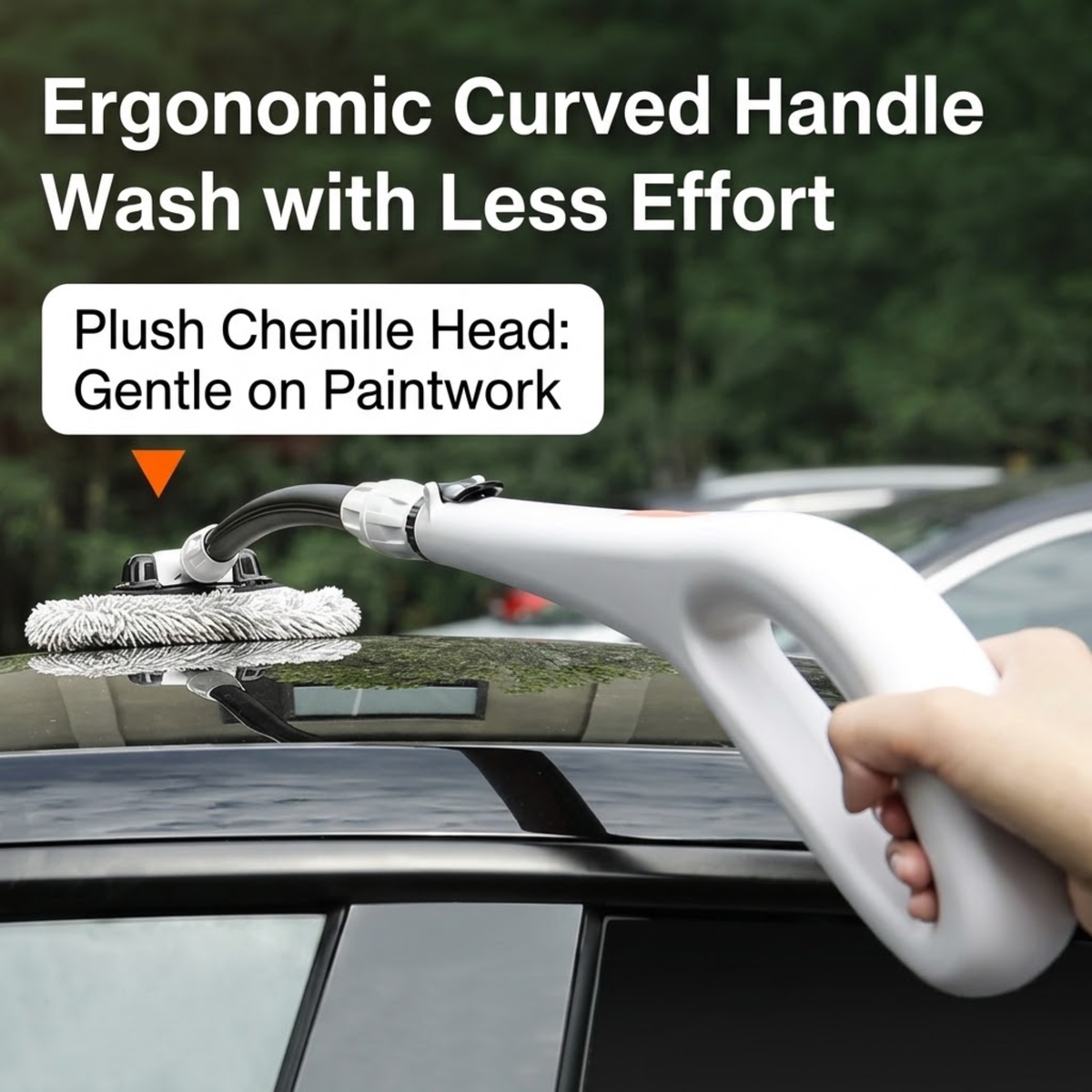 Telescopic Chenille Wash Brush's ergonomic curved handle being used to wash a car roof outdoors