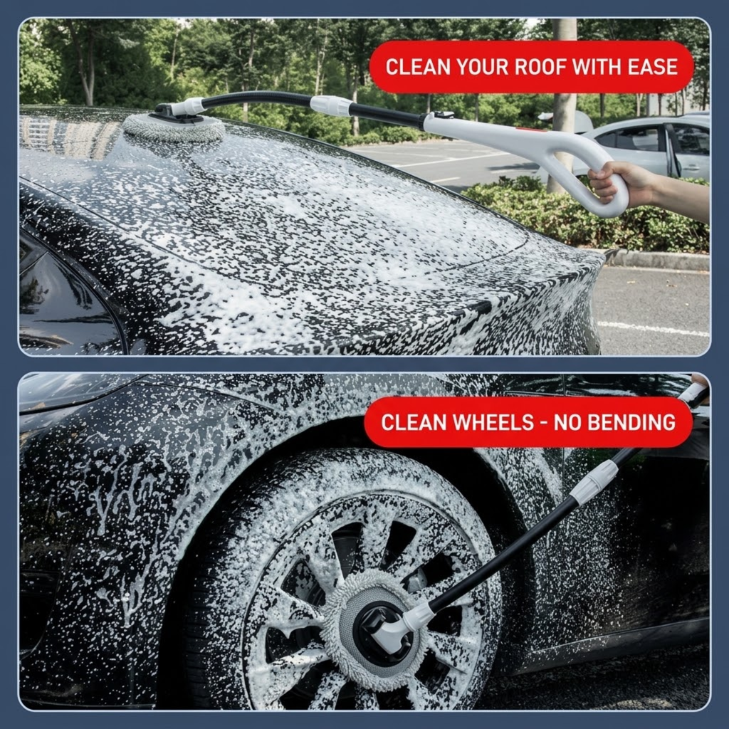 Telescopic Chenille Wash Brush cleaning a car roof and wheel without bending down