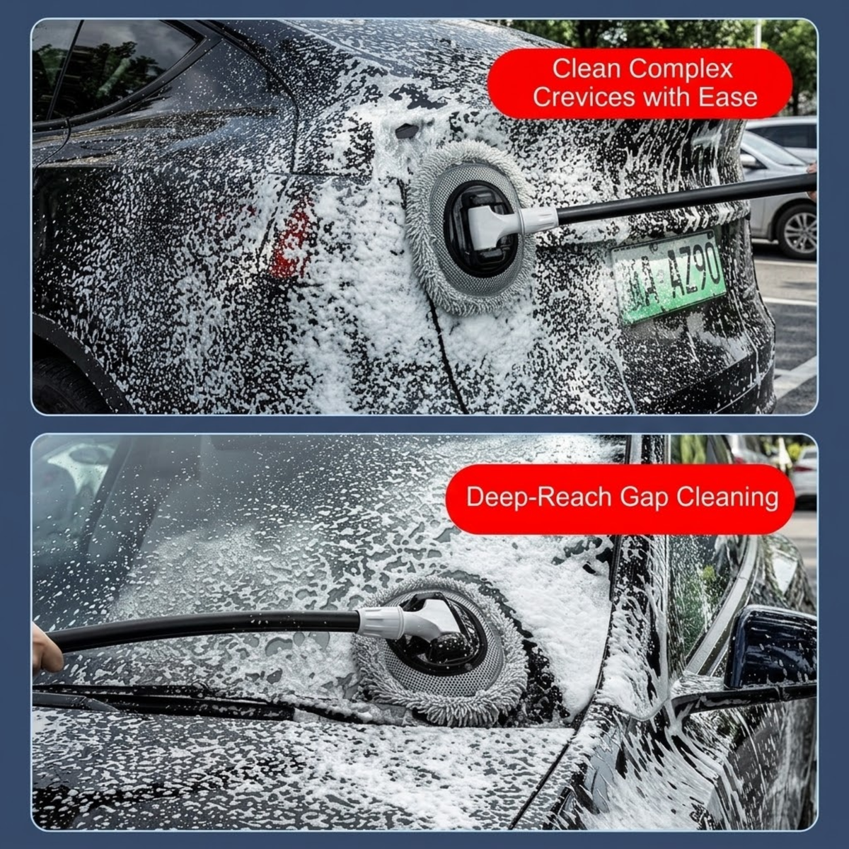 Telescopic Chenille Wash Brush reaching into a fuel cap recess and wing mirror gap for deep cleaning