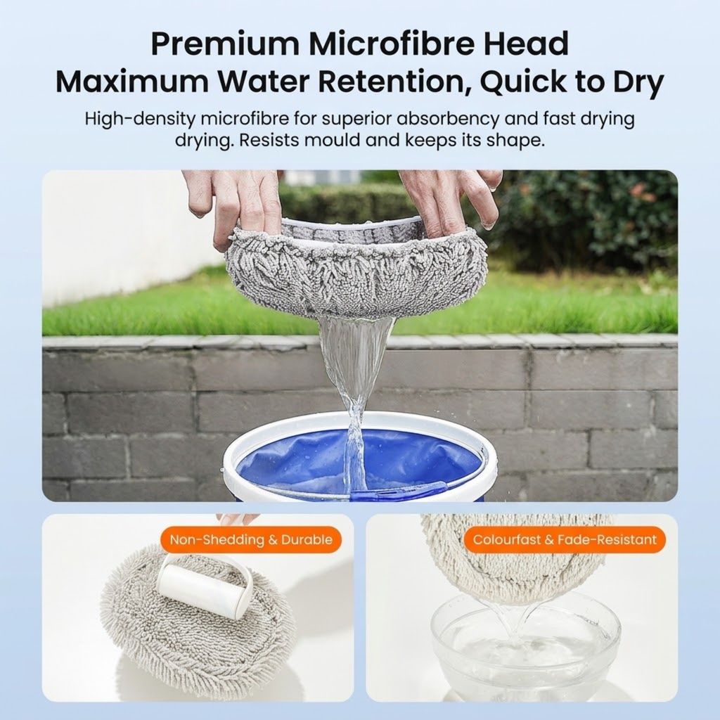 Telescopic Chenille Wash Brush's premium microfibre head being wrung out, showing high water retention and quick-dry, non-shedding fibres