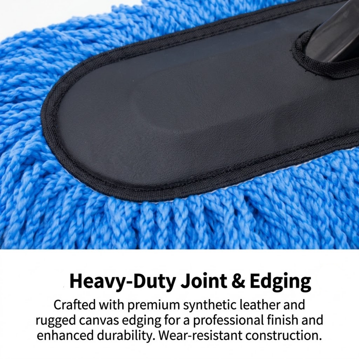 Close-up of the Telescopic Car Wax Mop Kit's synthetic leather joint and heavy-duty canvas edging