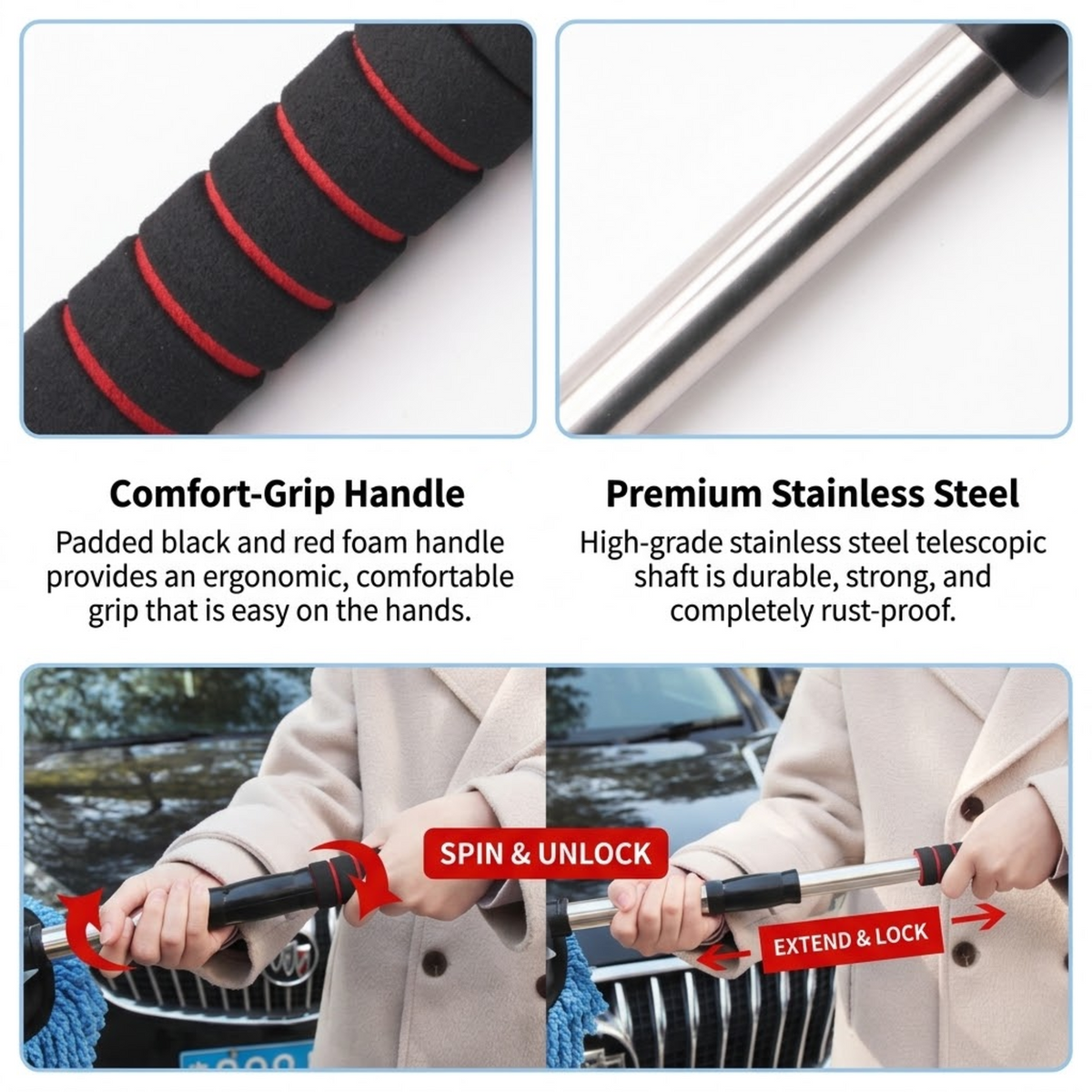 Telescopic Car Wax Mop Kit's padded comfort-grip handle, stainless steel shaft and spin-to-unlock extension mechanism