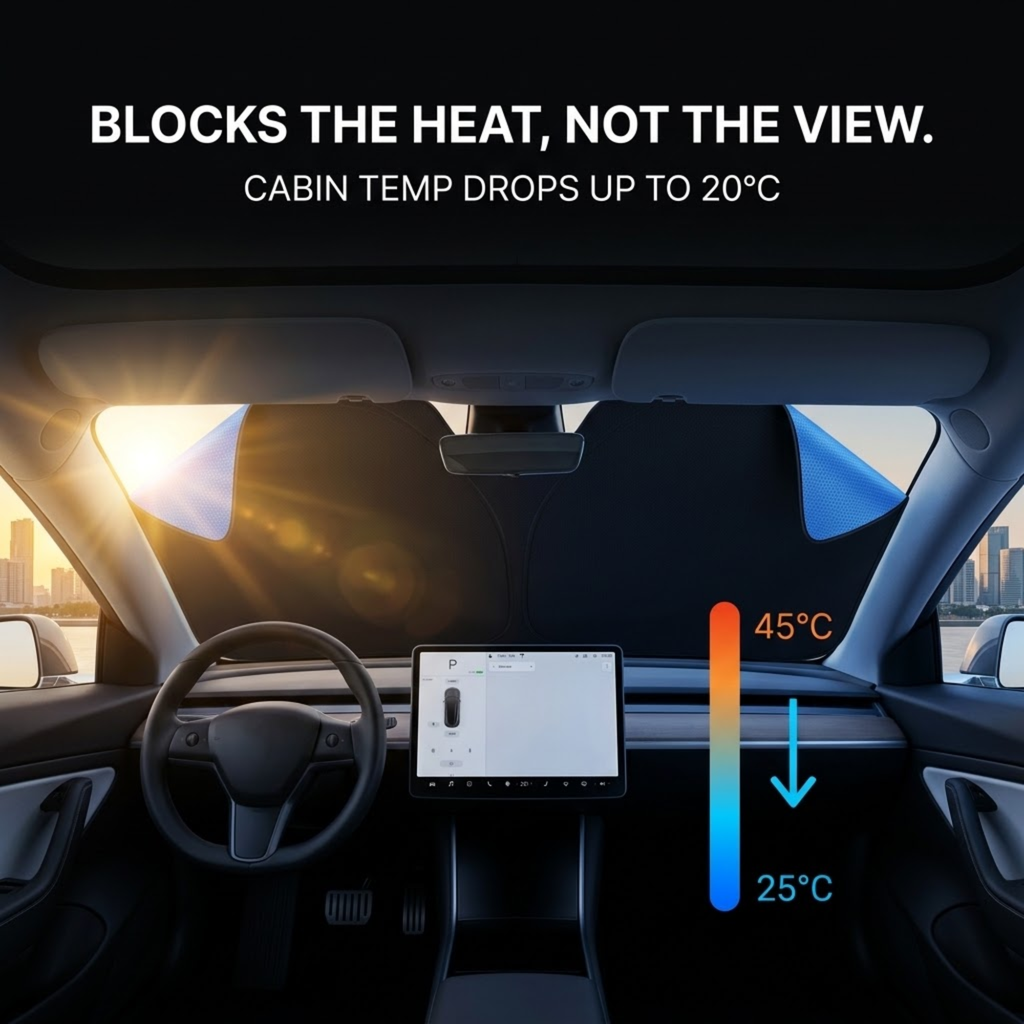 A set of car windshield sun visors shown installed on the front windshield of a vehicle interior. The visors are dark gray/black and are positioned to block direct sunlight while allowing some ambient light.
