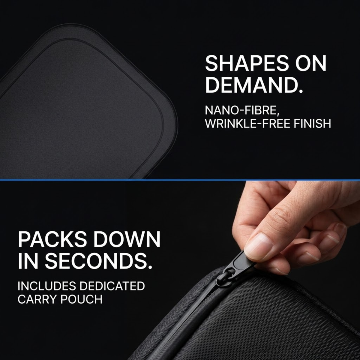 A black textured bag shown in a split promotional graphic. The top half shows a close-up of the bag's curved corner with text reading 'SHAPES ON DEMAND.