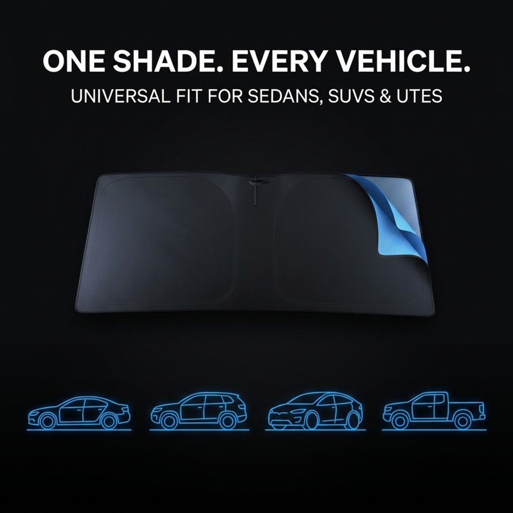 A black car sun shade shown open on a dark background, with a blue peeled-back corner revealing a lighter interior. White text at the top reads 'ONE SHADE.