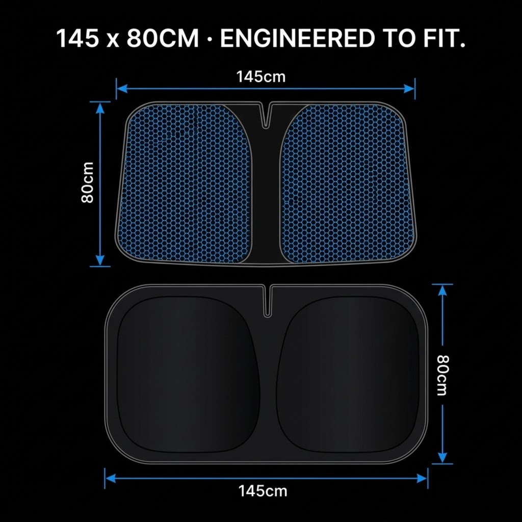 A black two-piece seat cushion shown on a black background with overlaid dimension lines and text reading 145 x 80CM · ENGINEERED TO FIT.
