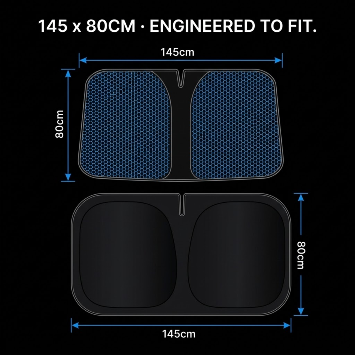 A black two-piece seat cushion shown on a black background with overlaid dimension lines and text reading 145 x 80CM · ENGINEERED TO FIT.