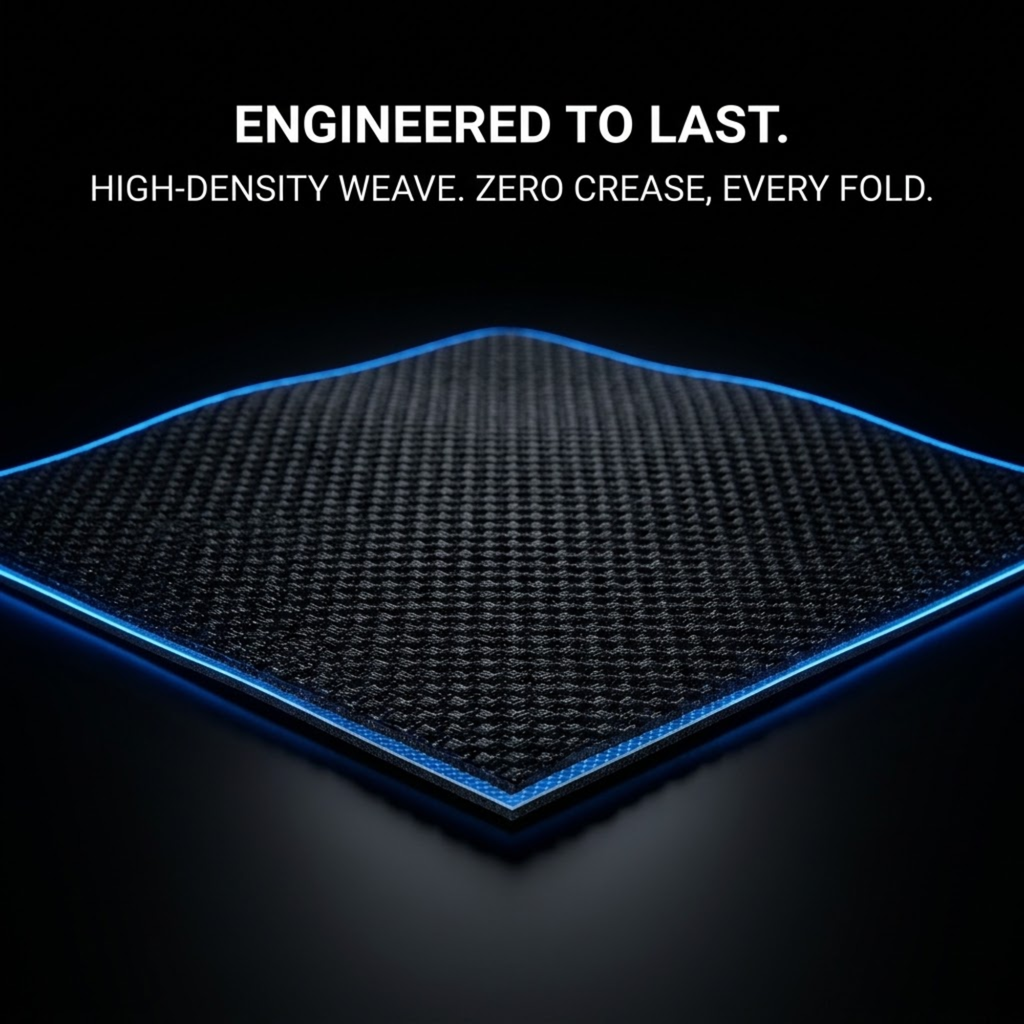 A close-up of a dark textured mat or pad with a blue illuminated edge, shown on a black background with the text 'ENGINEERED TO LAST. HIGH-DENSITY WEAVE.