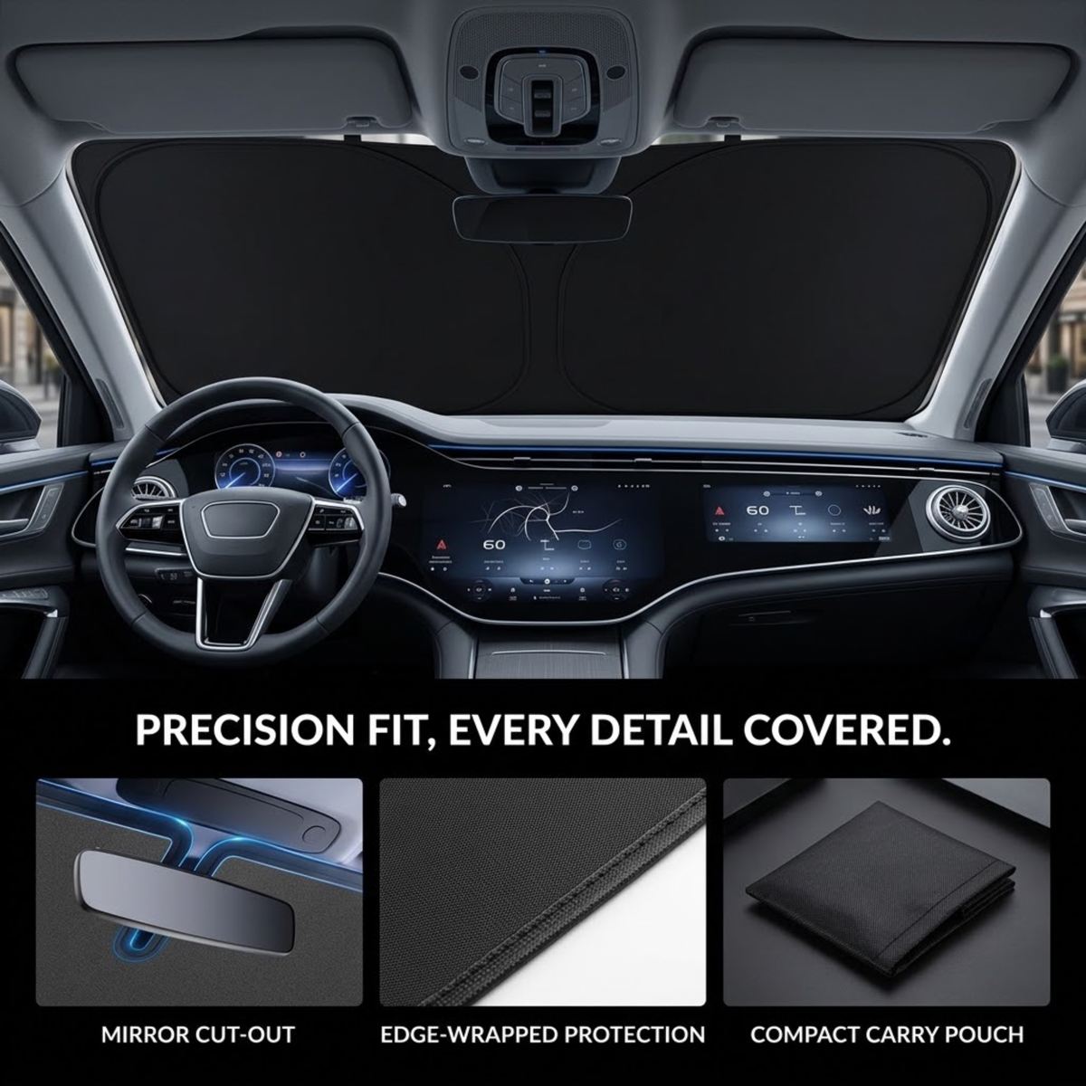 A car windshield sun shade shown installed inside a vehicle cabin, with three inset detail panels below reading 'PRECISION FIT, EVERY DETAIL COVERED. MIRROR CUT-OUT, EDGE-WRAPPED PROTECTION, COMPACT CARRY POUCH.