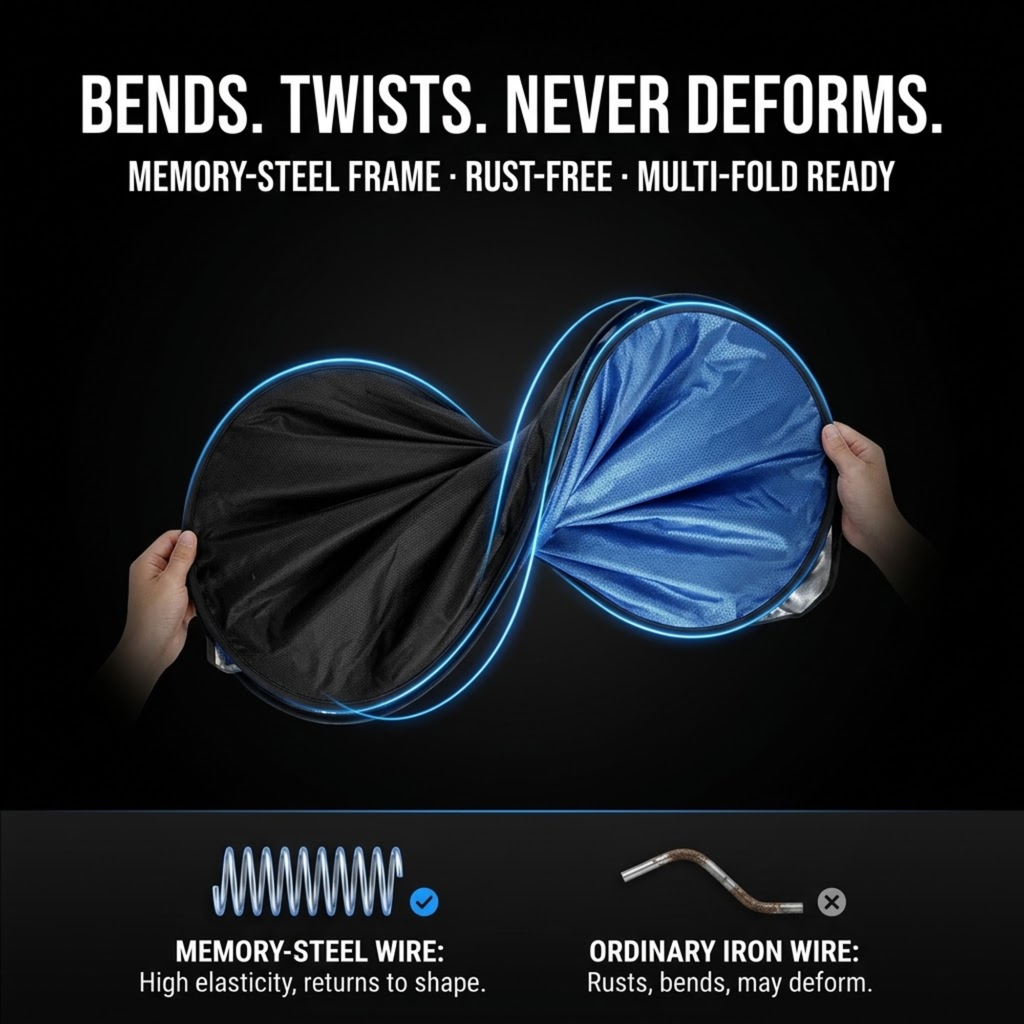 A black and blue collapsible tent or sleeping bag shown being held open by two hands against a black background, with marketing text above and comparison graphics for memory-steel wire below.