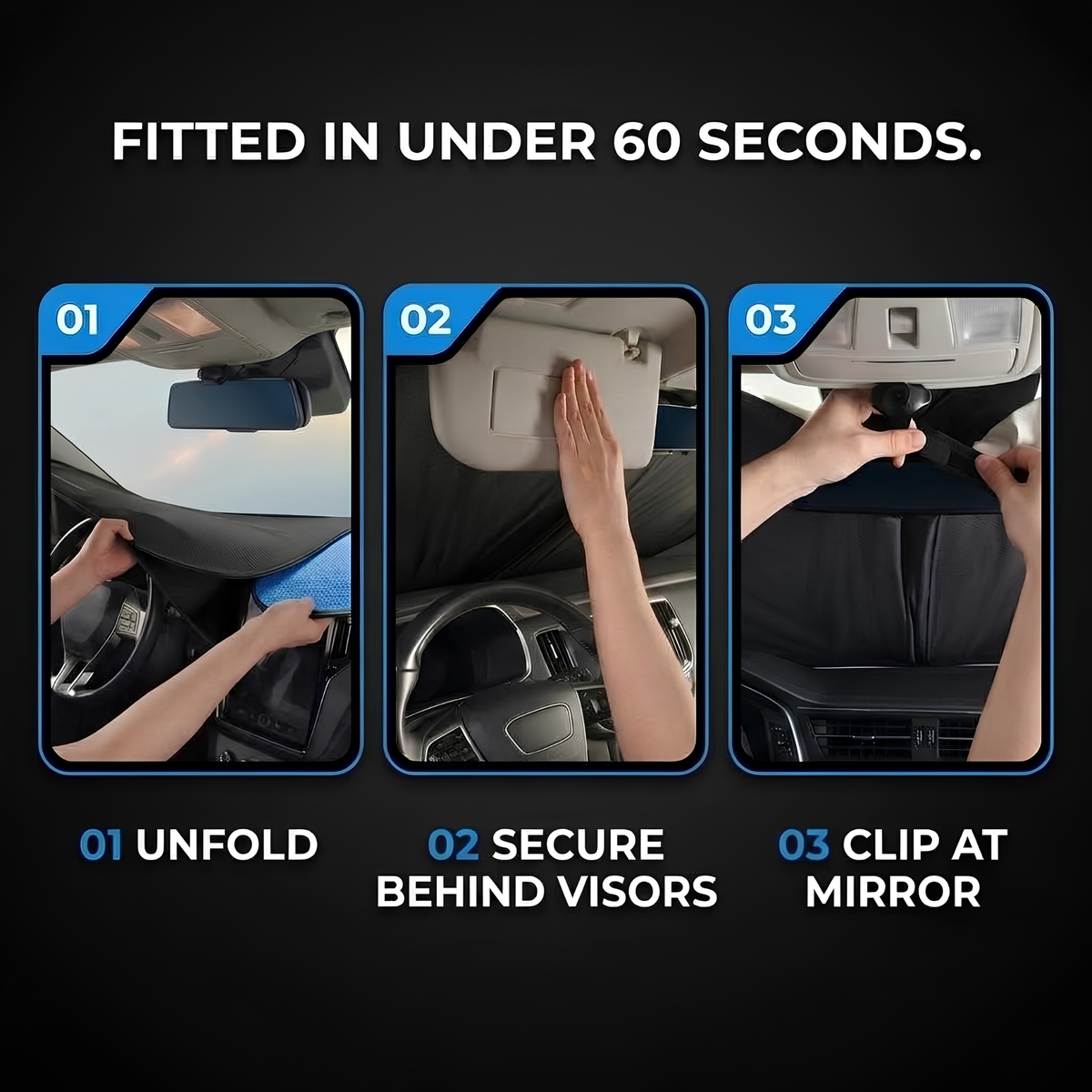 Instruction graphic showing how to fit a car sunshade in three steps: unfold, secure behind visors, and clip at mirror, with text reading 'FITTED IN UNDER 60 SECONDS.' on a dark background.