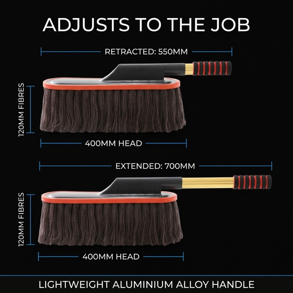 Telescopic Wax Duster Brush size guide showing 550 mm retracted and 700 mm extended with a 400 mm head and aluminium alloy handle
