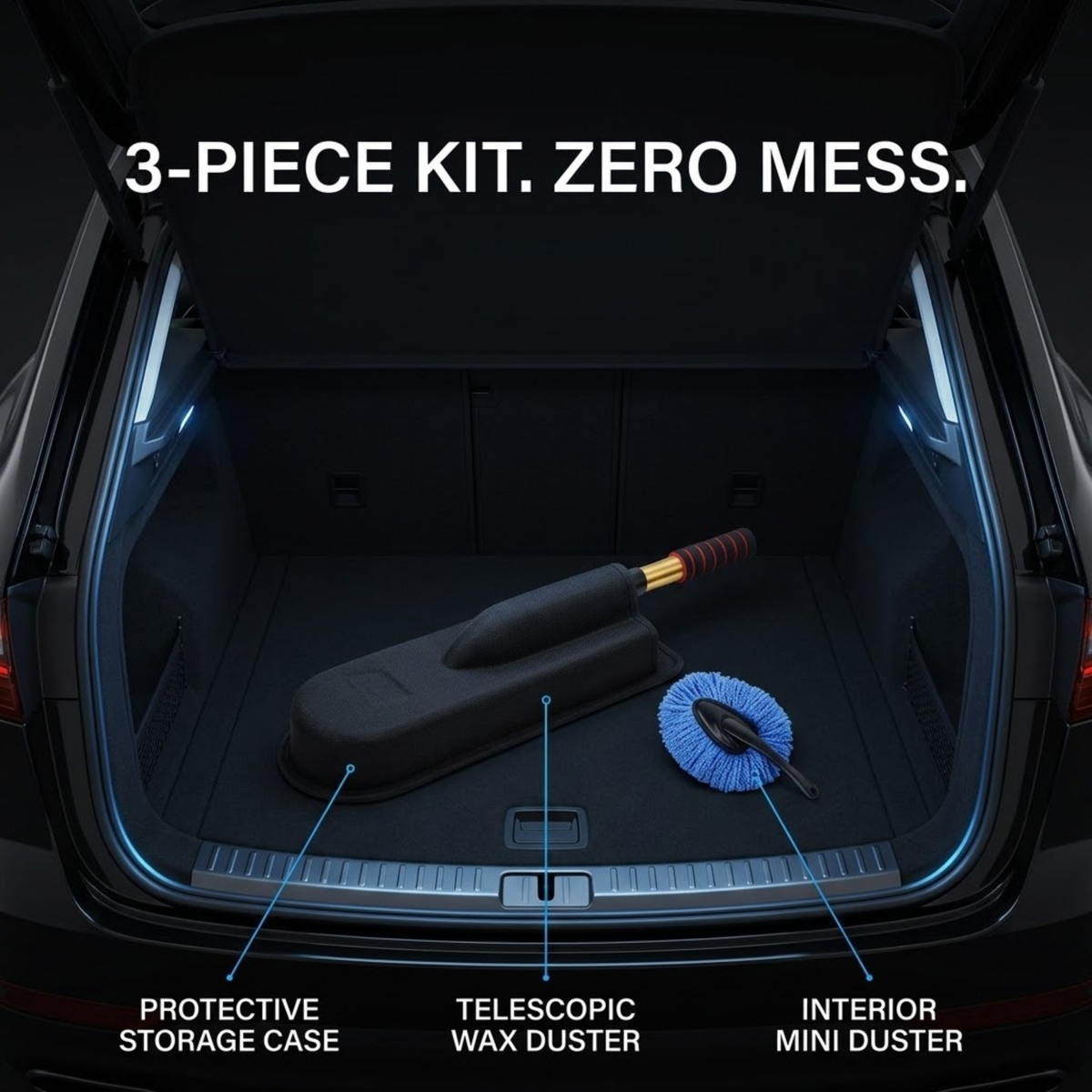 Telescopic Wax Duster Brush Kit stored in a car boot: protective storage case, telescopic wax duster and interior mini duster