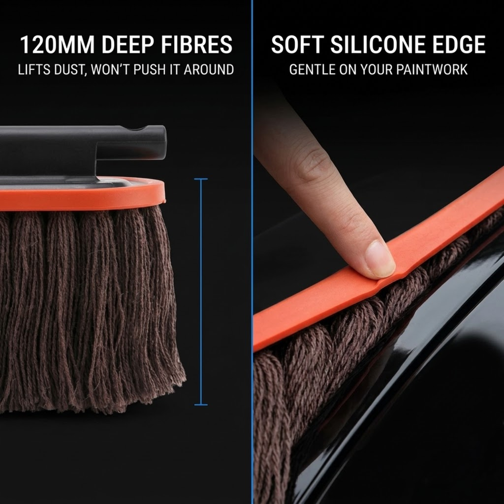 Close-ups of the Telescopic Wax Duster Brush 120 mm deep cotton fibres and soft silicone edge