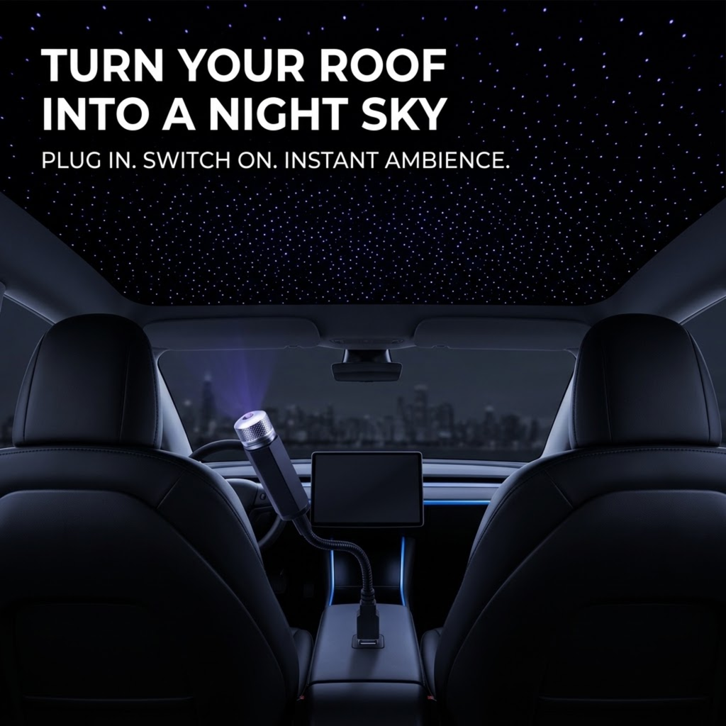 Tri-Colour Star Projector plugged into a car USB port projecting blue and violet stars across the roof lining at night