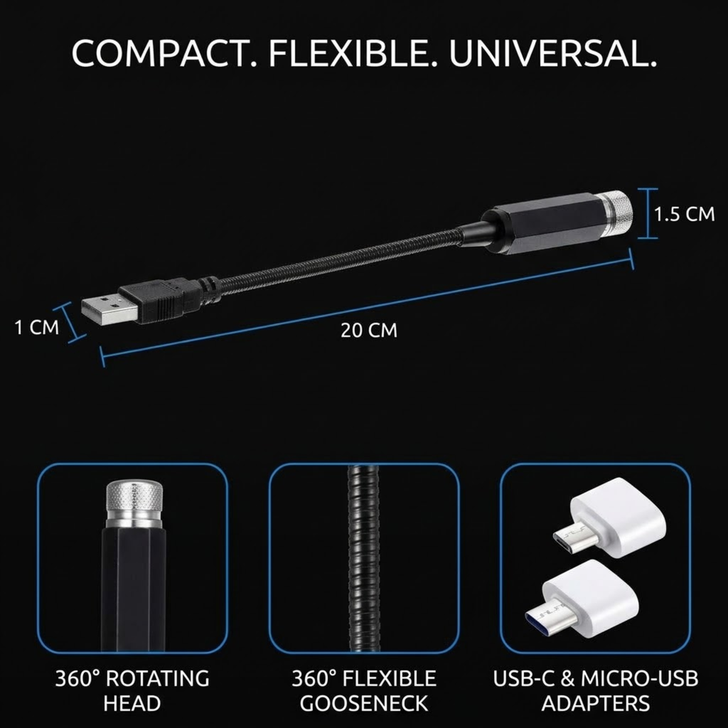 Tri-Colour Star Projector dimensions with 20 cm gooseneck and 1.5 cm head, plus 360° rotating head and USB-C and Micro-USB adapters