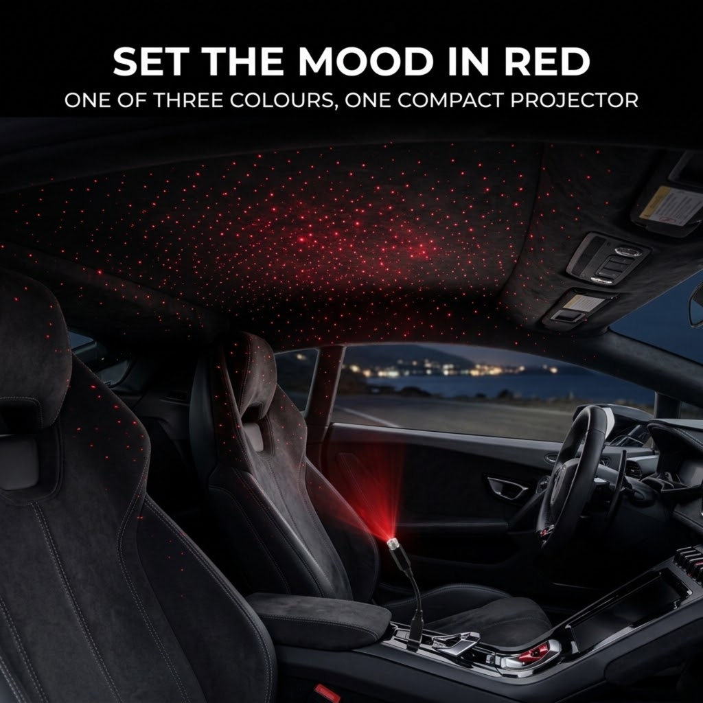 Red Tri-Colour Star Projector in a sports car centre console projecting red stars onto a suede roof lining at night