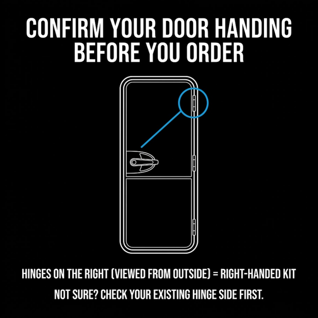 Instruction graphic on a black background with white text reading 'CONFIRM YOUR DOOR HANDING BEFORE YOU ORDER' and a simple line drawing of a door hinge area highlighted in blue to explain the right-handed hinge orientation.