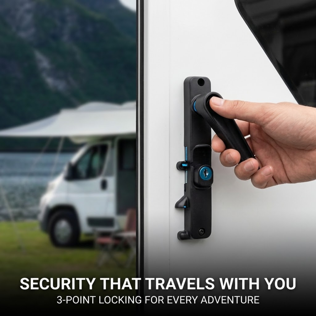 A hand holding a black 3-point locking handle on a white van door, with a blurred outdoor camping scene in the background and the text 'SECURITY THAT TRAVELS WITH YOU 3-POINT LOCKING FOR EVERY ADVENTURE'.