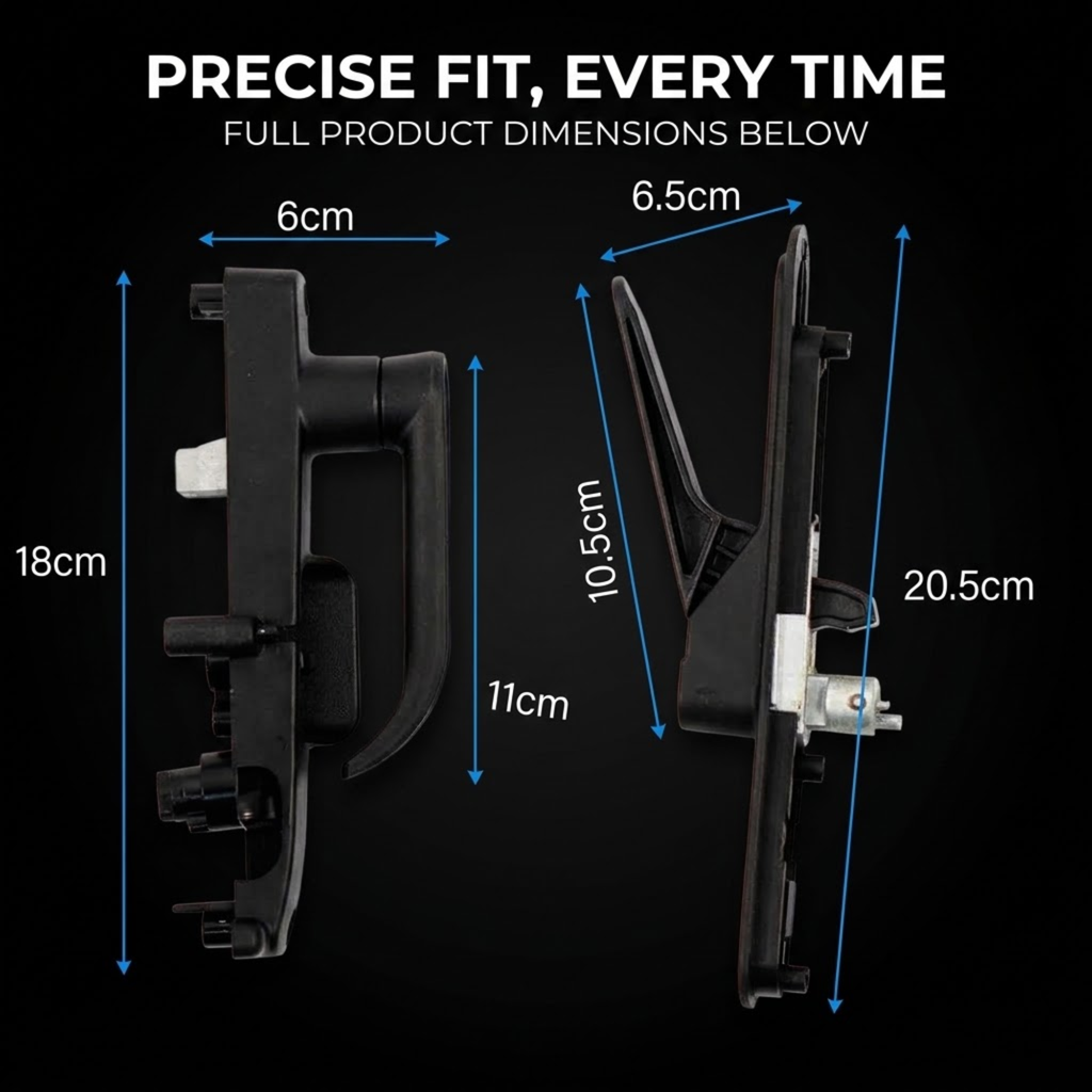 Product dimensions diagram of a black door handle and latch assembly on a black background, with white text reading 'PRECISE FIT, EVERY TIME' and blue measurement lines showing front and side dimensions.