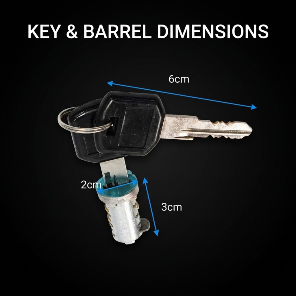 A key and lock barrel shown on a black background with overlaid text reading 'KEY & BARREL DIMENSIONS' and blue arrows indicating measurements of 6 cm, 2 cm, and 3 cm.