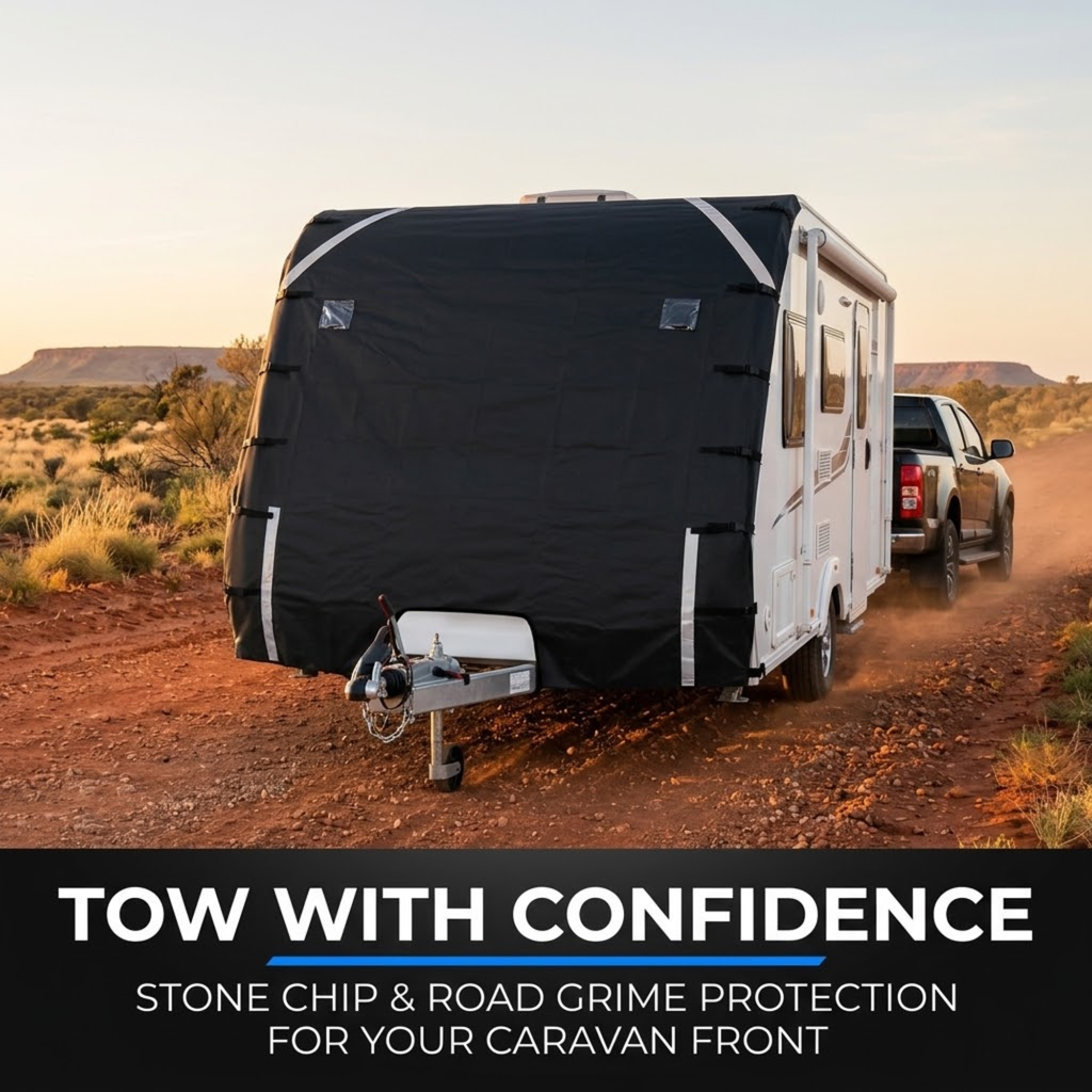 Caravan Front Towing Cover protecting a white caravan from stone chips and road grime while towed on a red dirt outback track