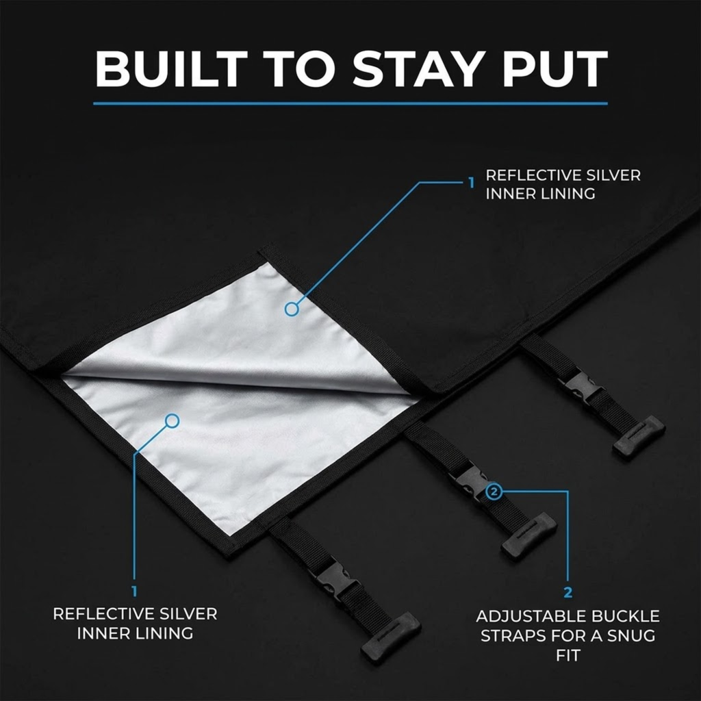 Caravan Front Towing Cover corner folded back to show reflective silver inner lining and adjustable buckle straps