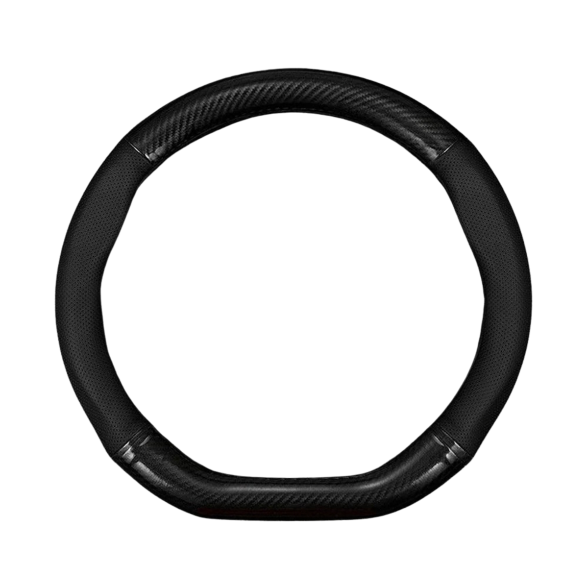 Black flat bottom D-shape Carbon Fibre Steering Wheel Cover with perforated leather grips on a white background