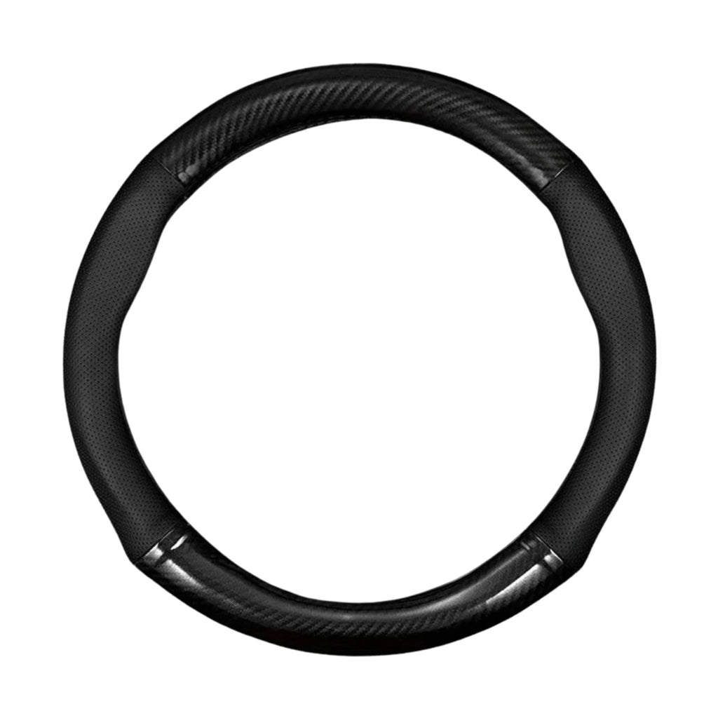 Black round O-shape Carbon Fibre Steering Wheel Cover with perforated leather grips on a white background