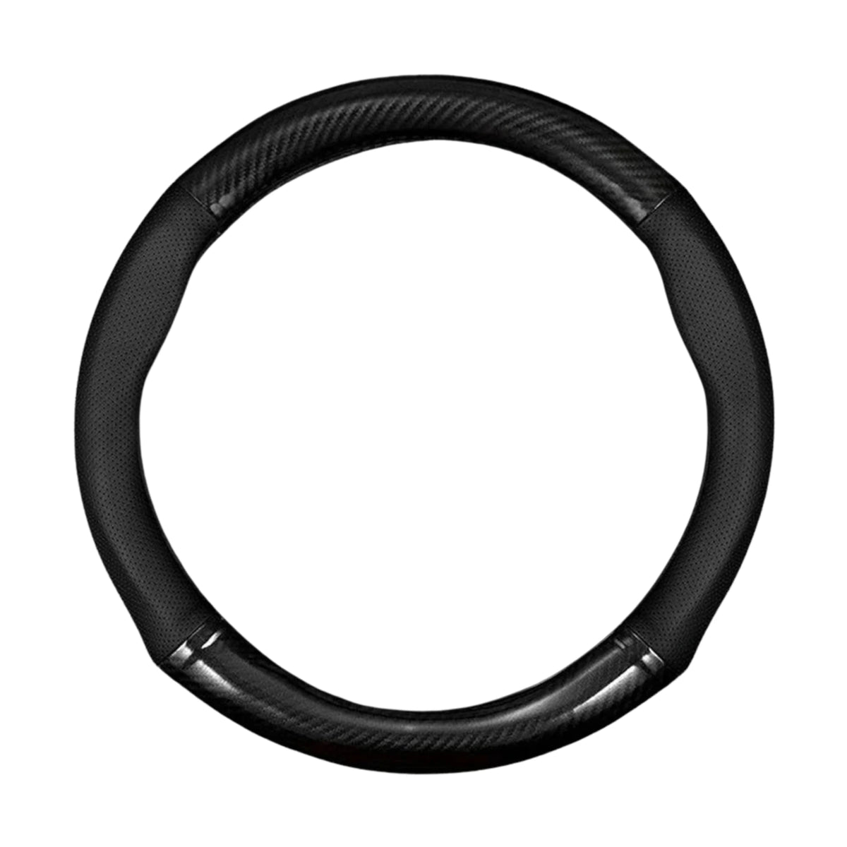 Black round O-shape Carbon Fibre Steering Wheel Cover with perforated leather grips on a white background