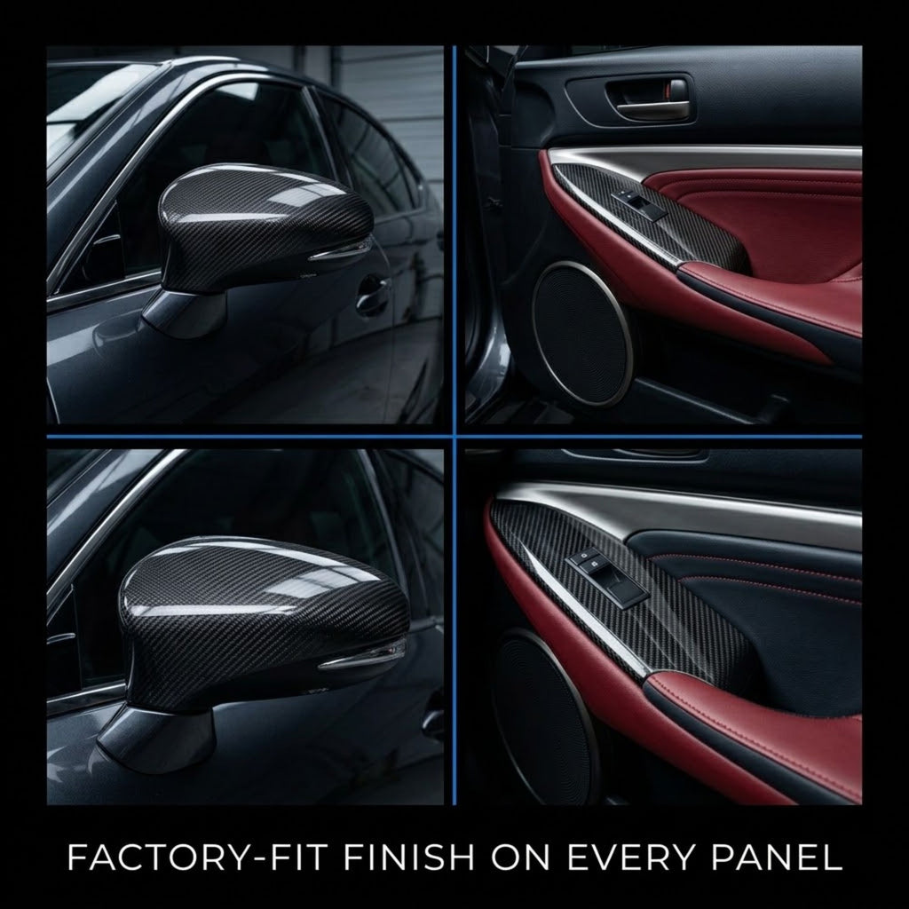 A four-panel collage showing carbon fiber trim installed on a car's side mirror and door panel, with red leather interior visible. Text at the bottom reads 'FACTORY-FIT FINISH ON EVERY PANEL.