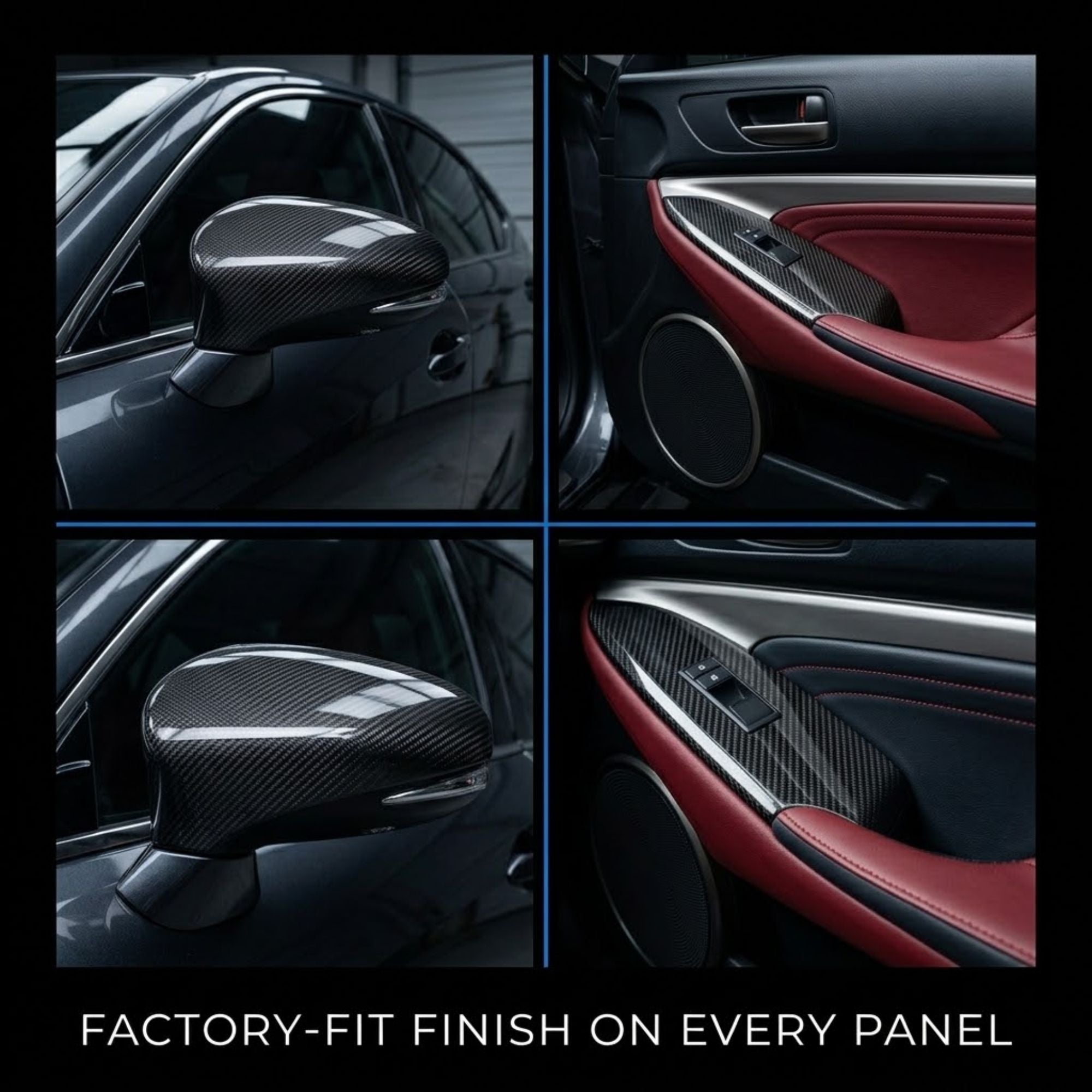 A four-panel collage showing carbon fiber trim installed on a car's side mirror and door panel, with red leather interior visible. Text at the bottom reads 'FACTORY-FIT FINISH ON EVERY PANEL.