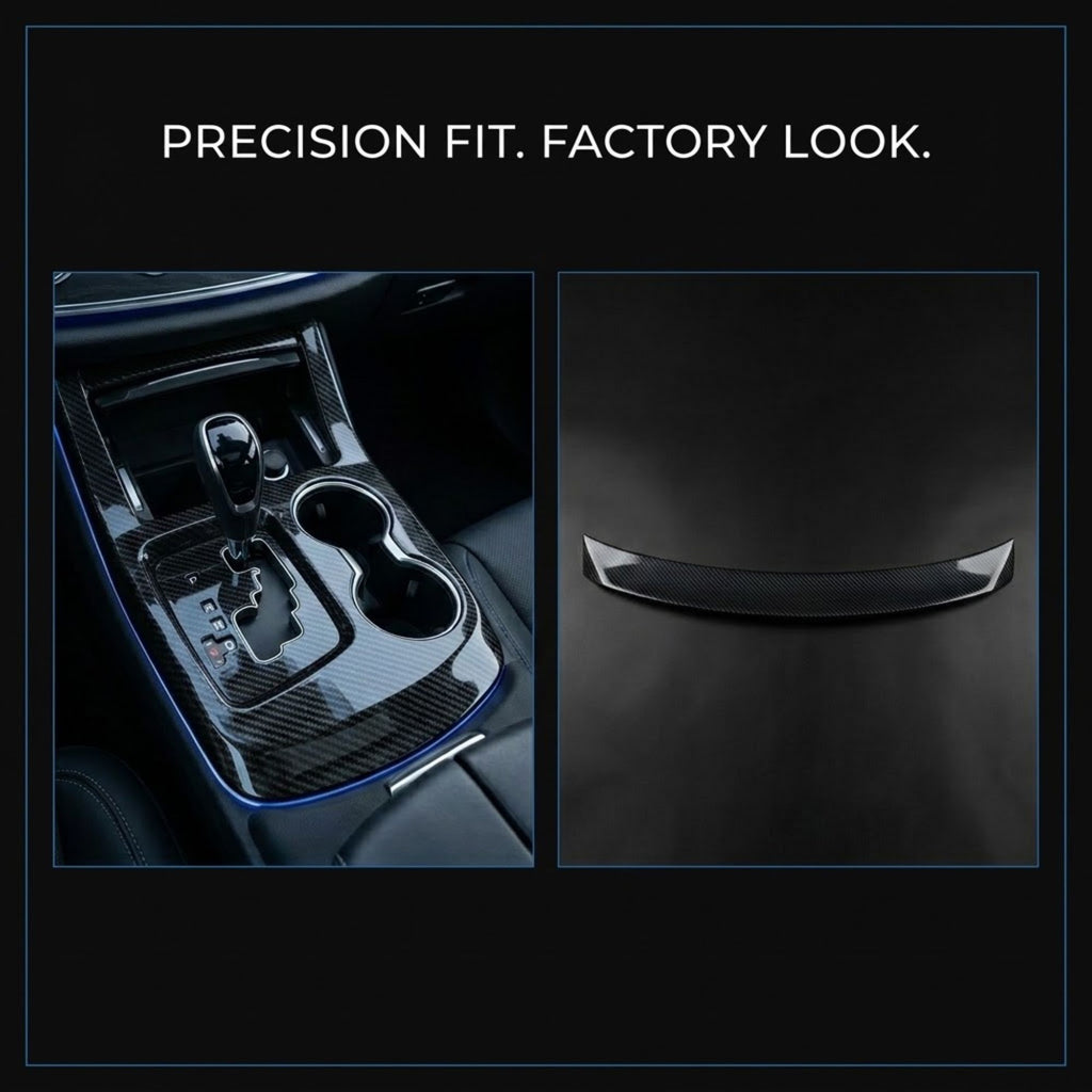 A dark carbon-fiber center console trim piece shown installed in a car console on the left and as a standalone curved trim piece on the right, with the text 'PRECISION FIT. FACTORY LOOK.