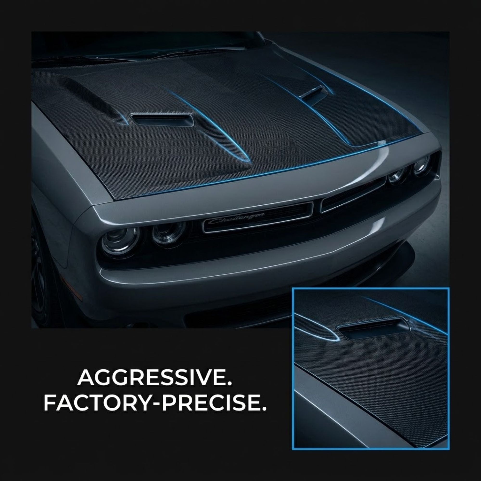 A close-up of a dark gray car front end with a carbon-fiber-look hood graphic and blue accent lines, plus a small inset showing the hood detail. Text at the bottom reads 'AGGRESSIVE.