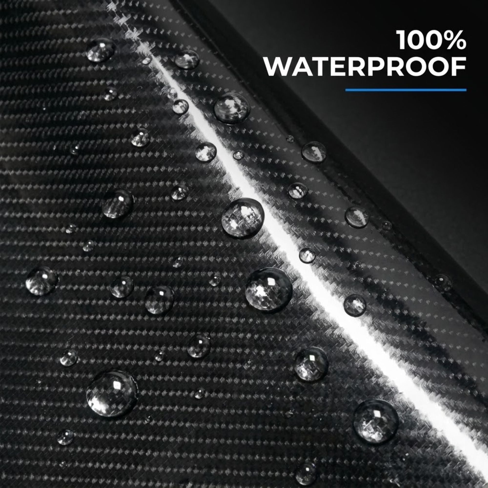 Close-up of a black carbon-fiber-textured surface with water droplets and the text '100% WATERPROOF' in the top right corner.